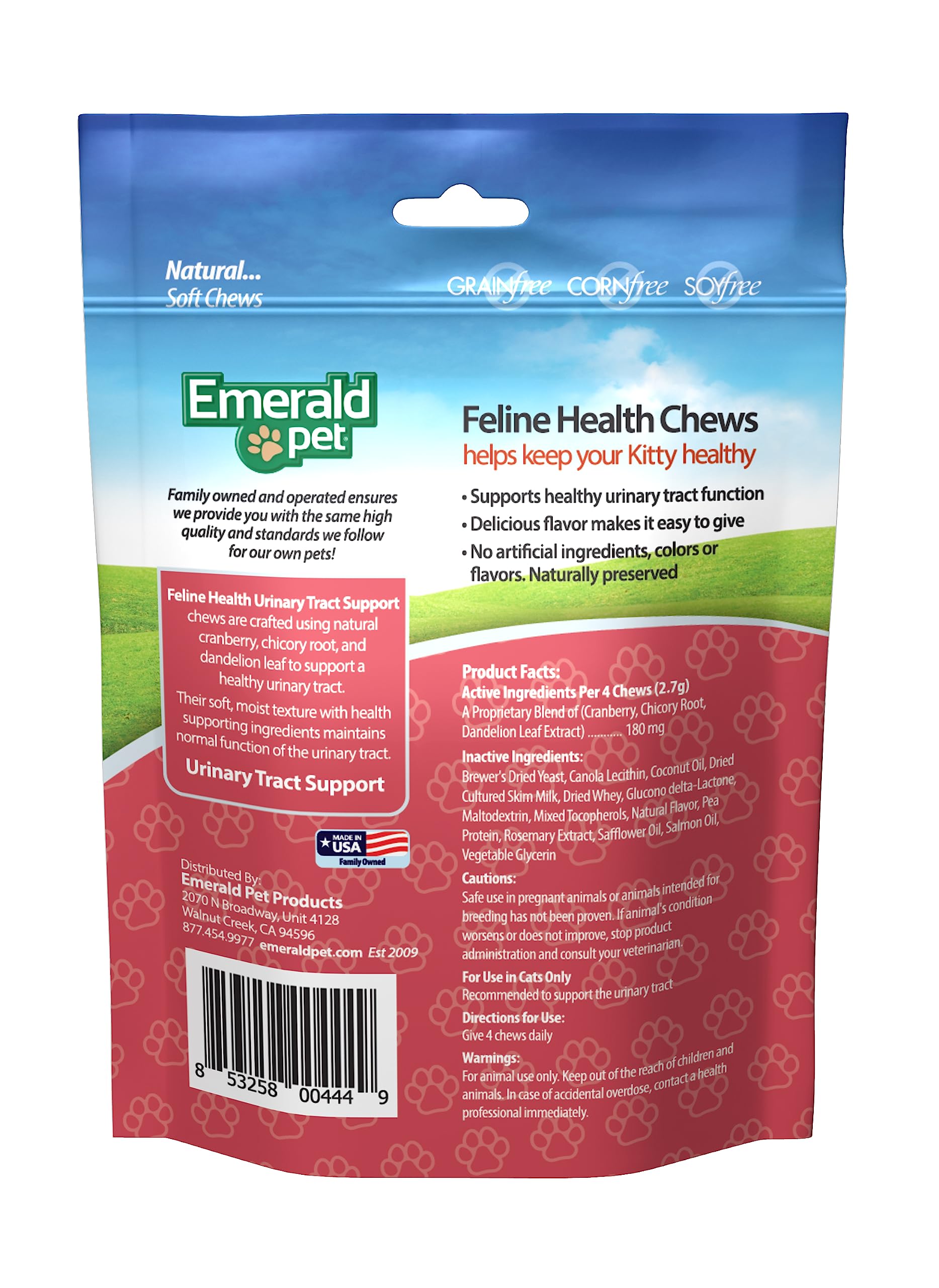 Emerald Pet Feline Health Chews packaging box highlights grain-free urinary care