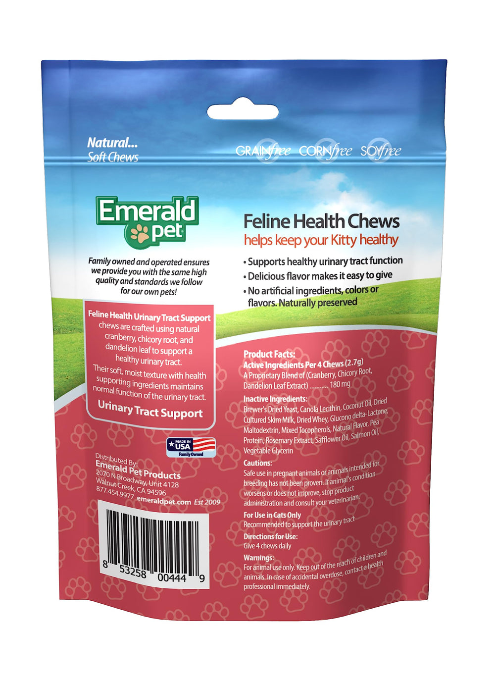 Emerald Pet Feline Health Chews packaging box highlights grain-free urinary care