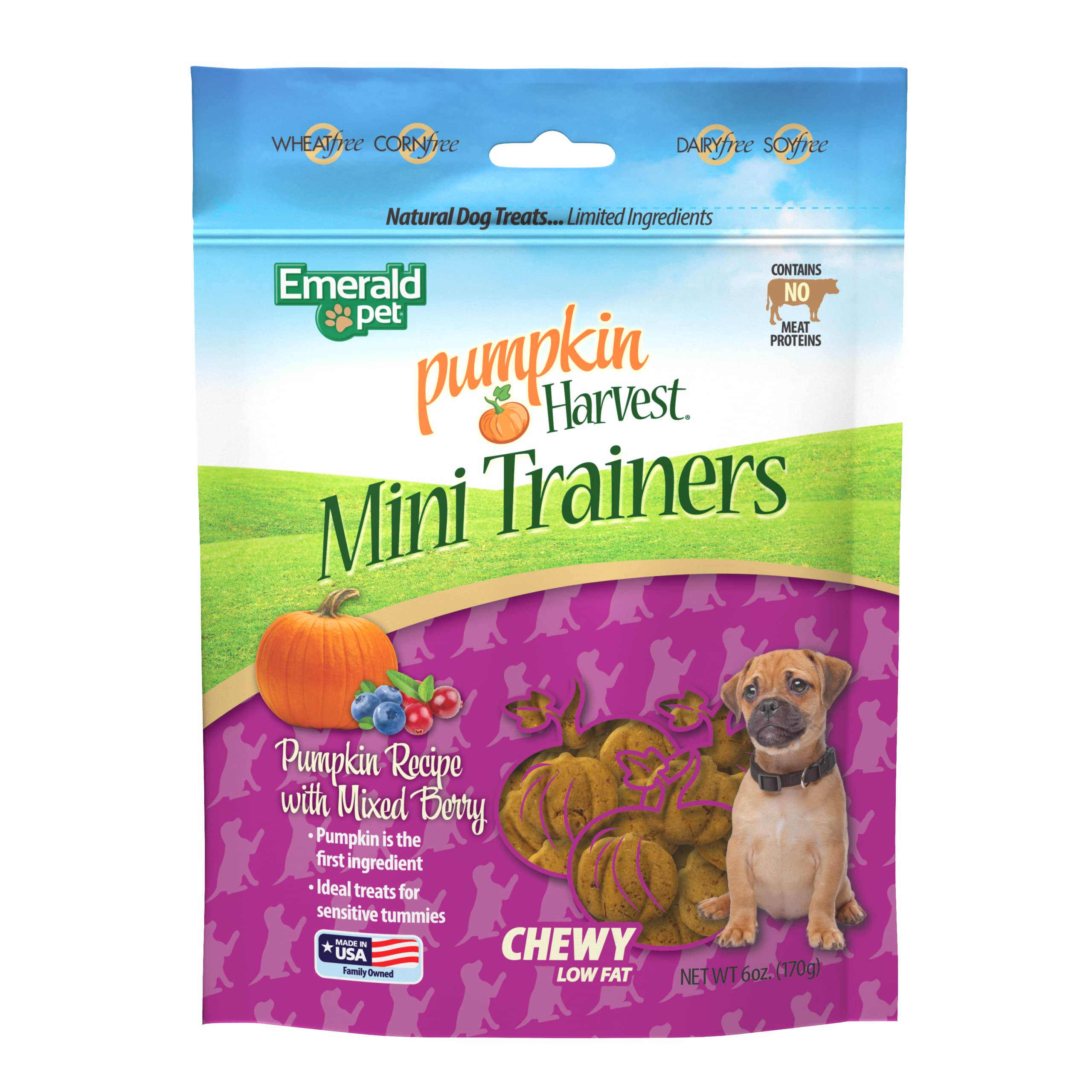 Emerald Pet Pumpkin Harvest Mini-Trainers front view, wholesome USA-made treat for everyday rewards.