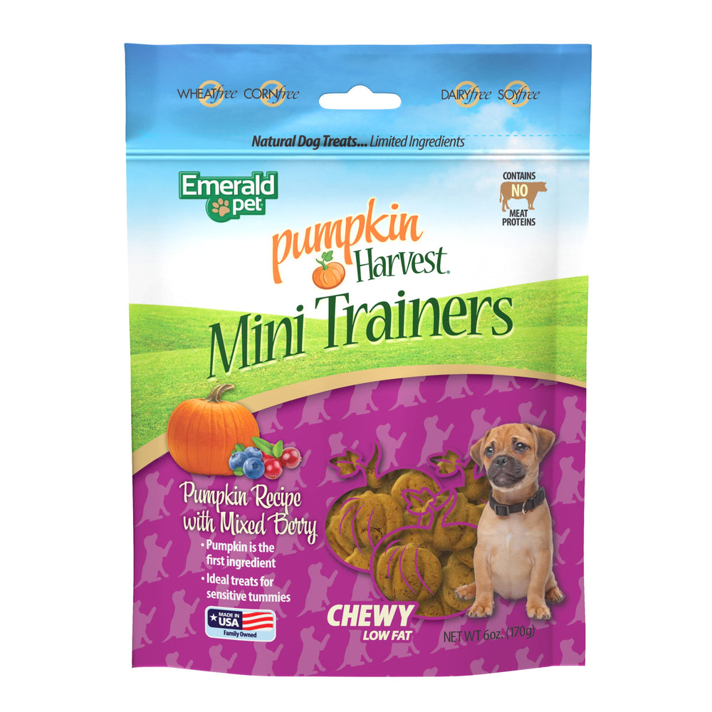 Emerald Pet Mini-Trainers close-up—pumpkin and berries for digestion-friendly rewards.