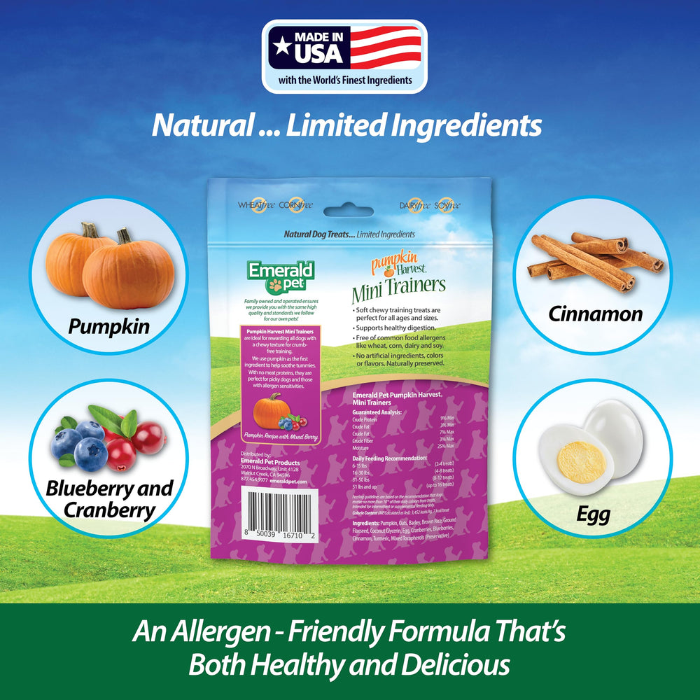 Emerald Pet USA-made label emphasizes allergen-friendly, limited-ingredient formula.