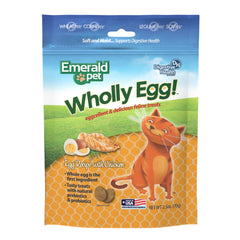 Emerald Pet Wholly Egg Digestive Health cat treats feature a soft-moist texture for easier chewing and gut support.