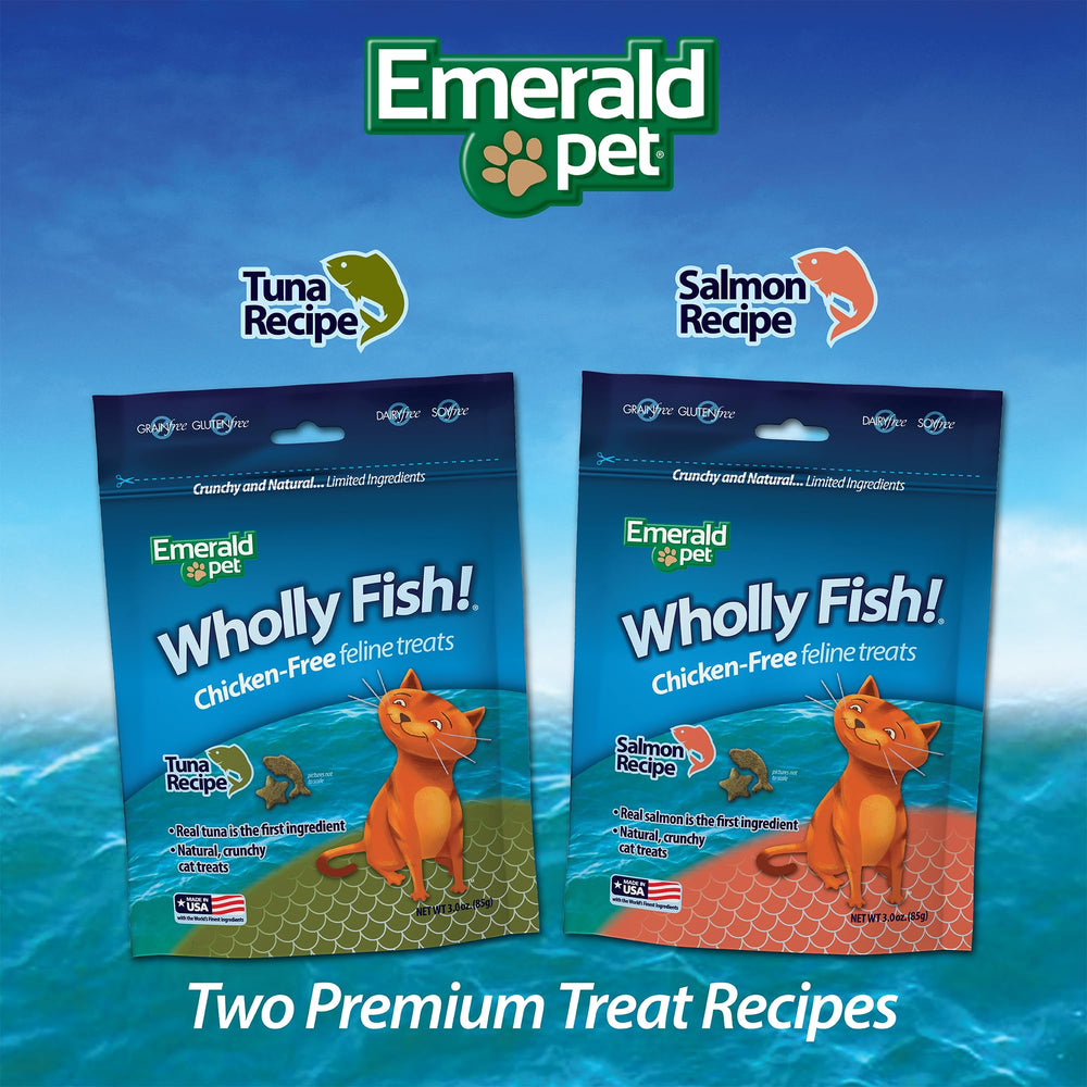 Emerald Pet Wholly Fish allergen-free label on packaging helps sensitive cats