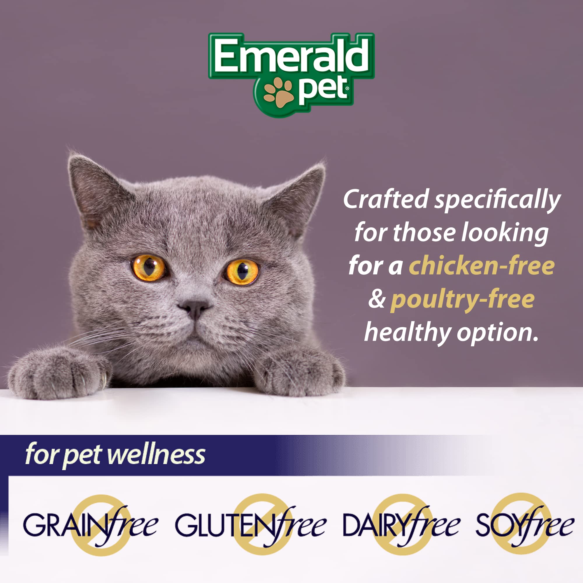 Emerald Pet Wholly Fish made-in-USA badge on bag emphasizes quality and safety