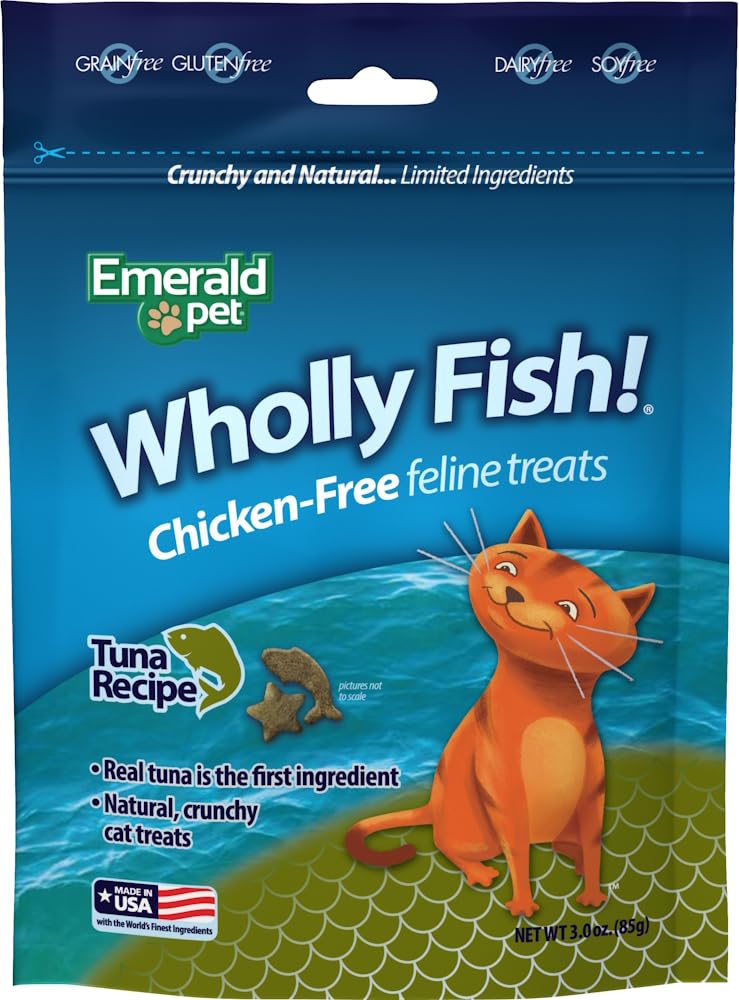 Emerald Pet Wholly Fish tuna recipe pack featuring real tuna for protein-rich cat treats
