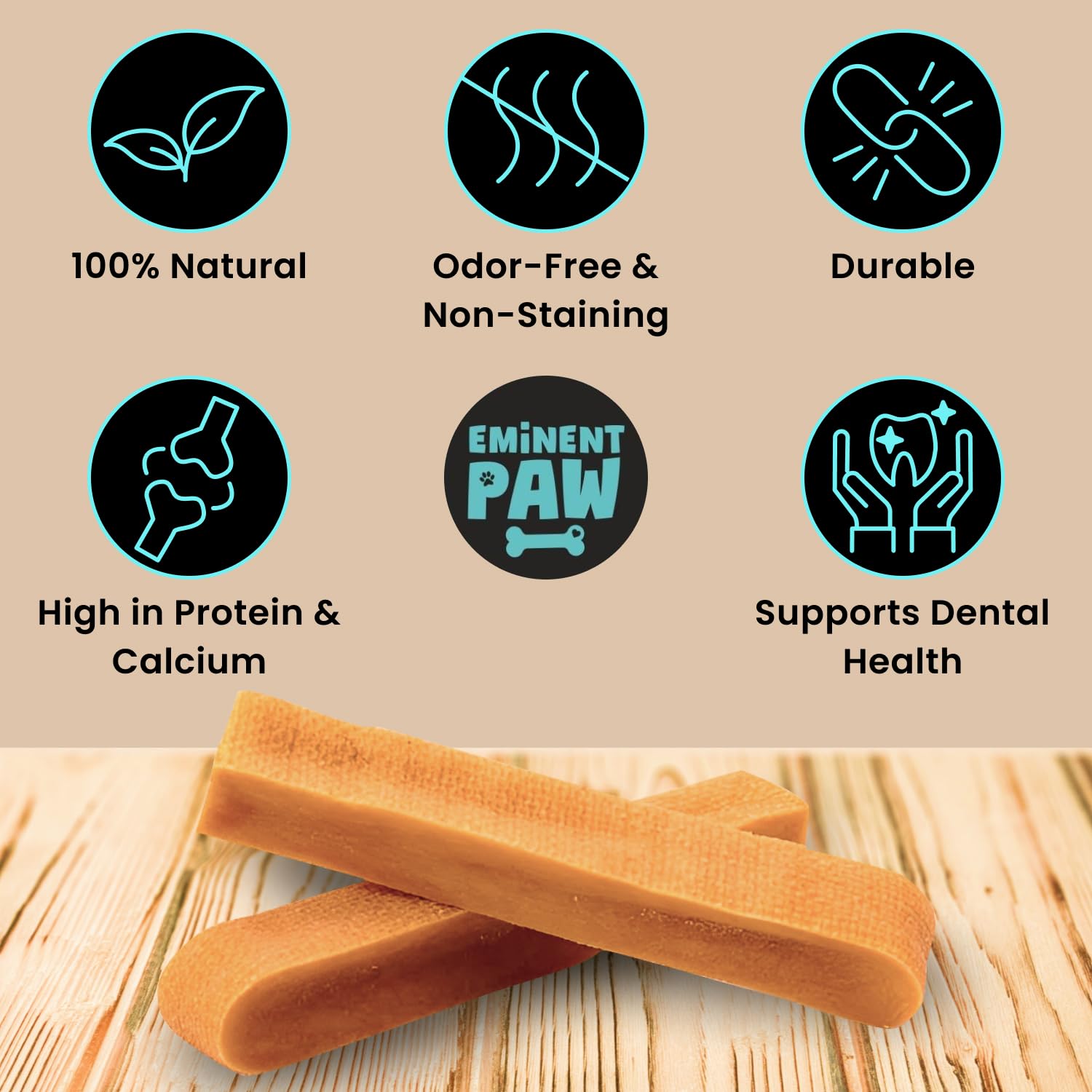 EMINENT PAW Yak Cheese Chew Odor-Free image emphasizes indoor-friendly treat.