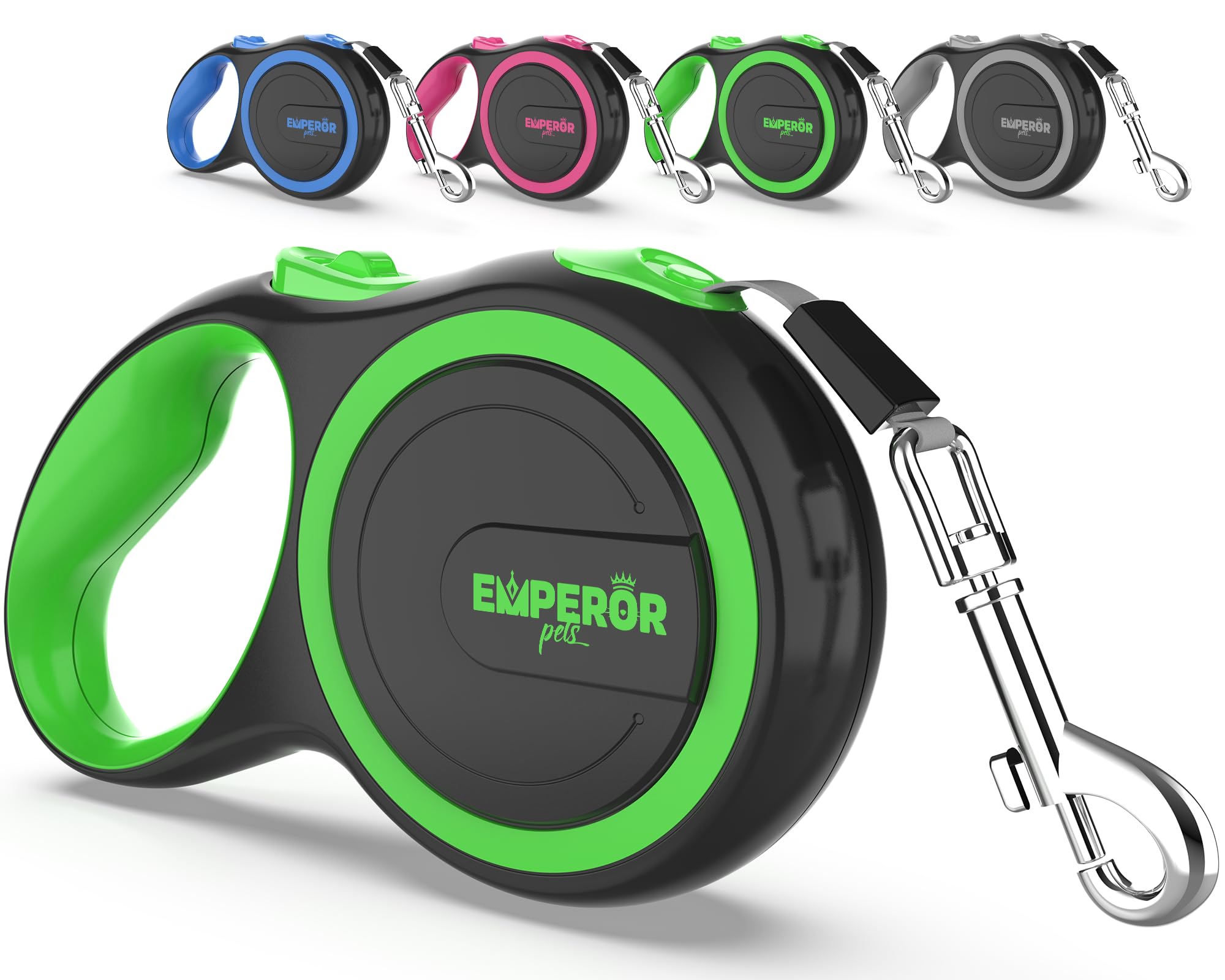 Emperor Pets 26ft retractable leash with green anti-slip handle for comfortable outdoor walks.