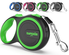 Emperor Pets 26ft retractable leash with green anti-slip handle for comfortable outdoor walks.
