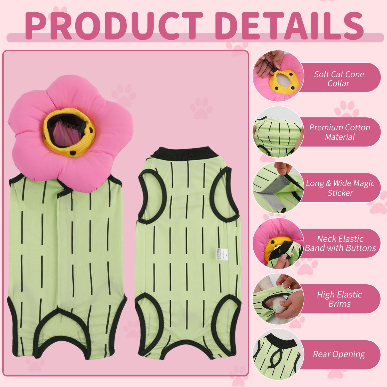 EMUST cat recovery suit flower neck closeup shows adjustable, comfortable fit