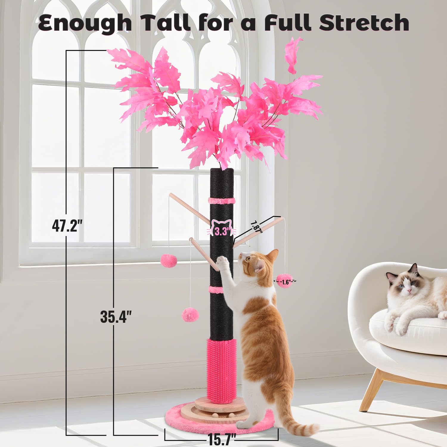 EMUST cat scratching post with hanging plush balls promotes interactive play.