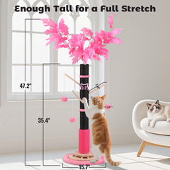 EMUST cat scratching post with hanging plush balls promotes interactive play.