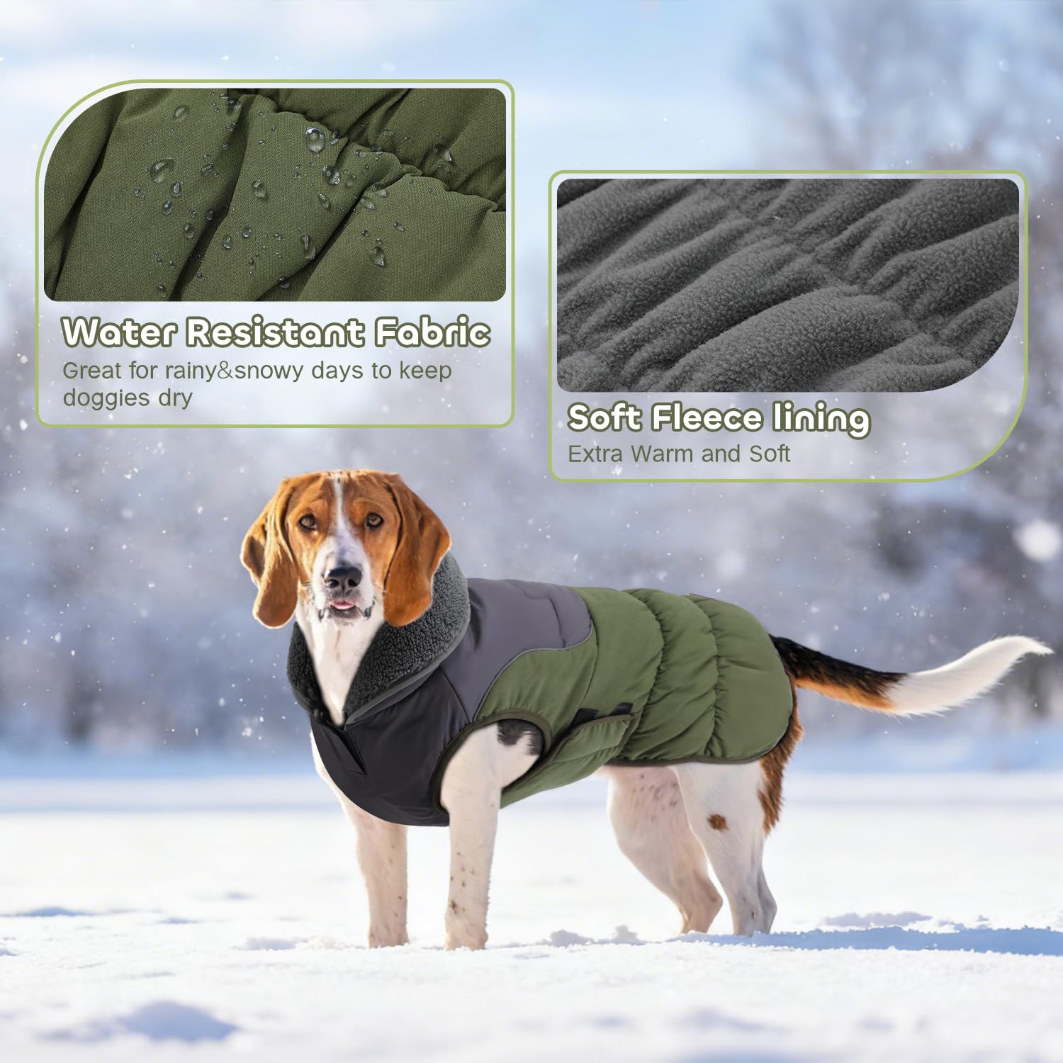 EMUST dog coat green back view shows reflective strips for evening visibility.