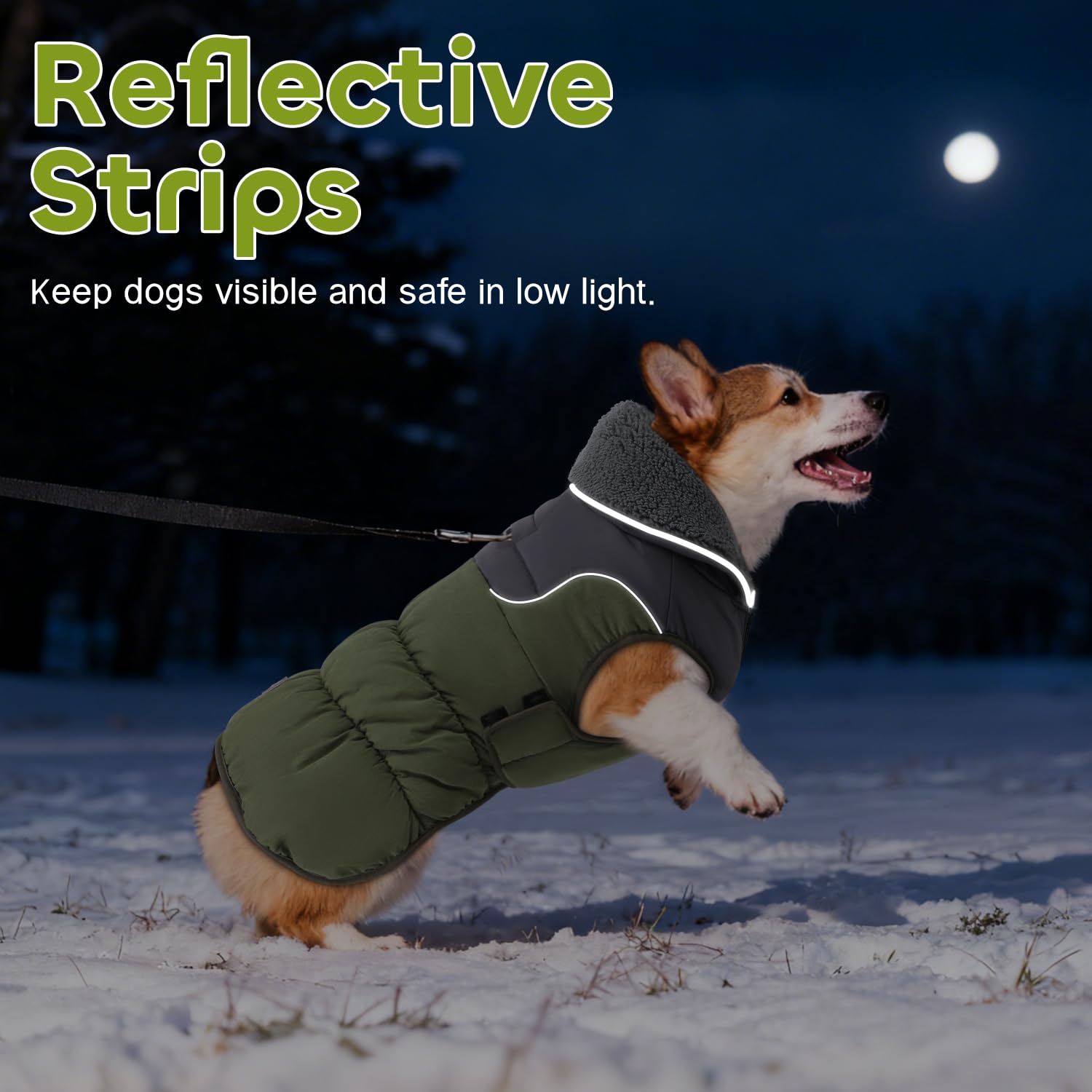 EMUST dog coat green foldable-collar feature allows versatile warmth.