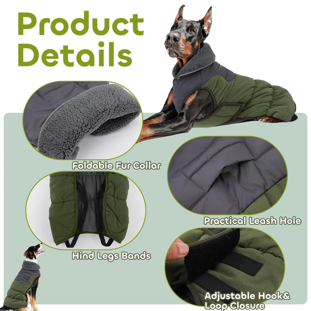 EMUST dog coat green side view demonstrates mobility and secure fit for active dogs.