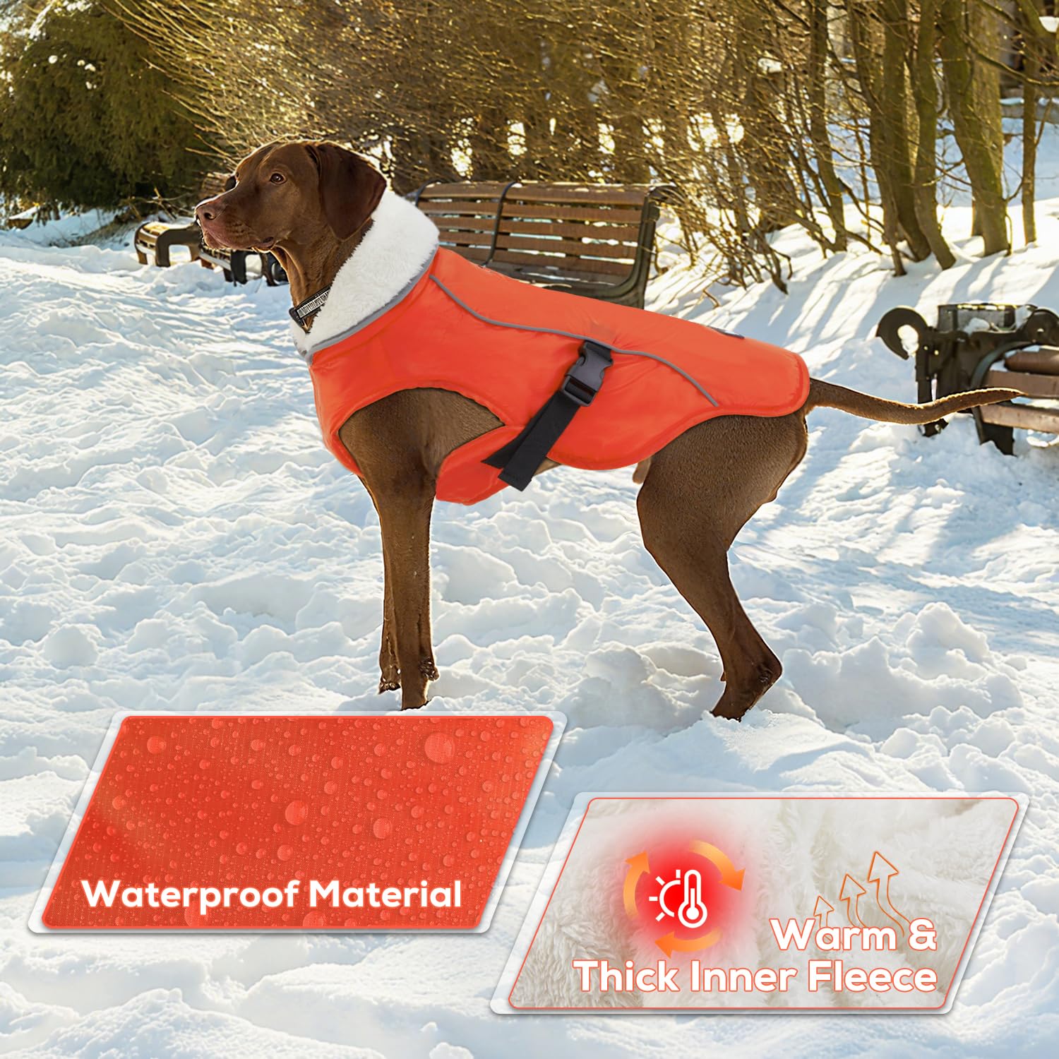 EMUST dog coat with harness zipper allows easy harness attachment during outings