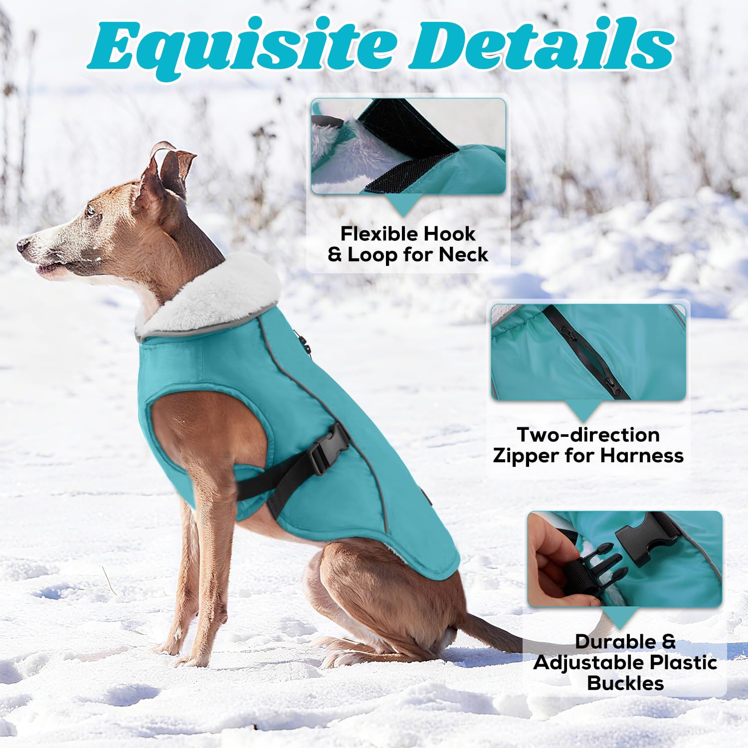 EMUST dog coat winter waterproof fabric detail highlights windproof protection.