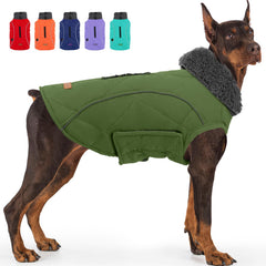 EMUST dog jacket green close-up shows warm fleece lining