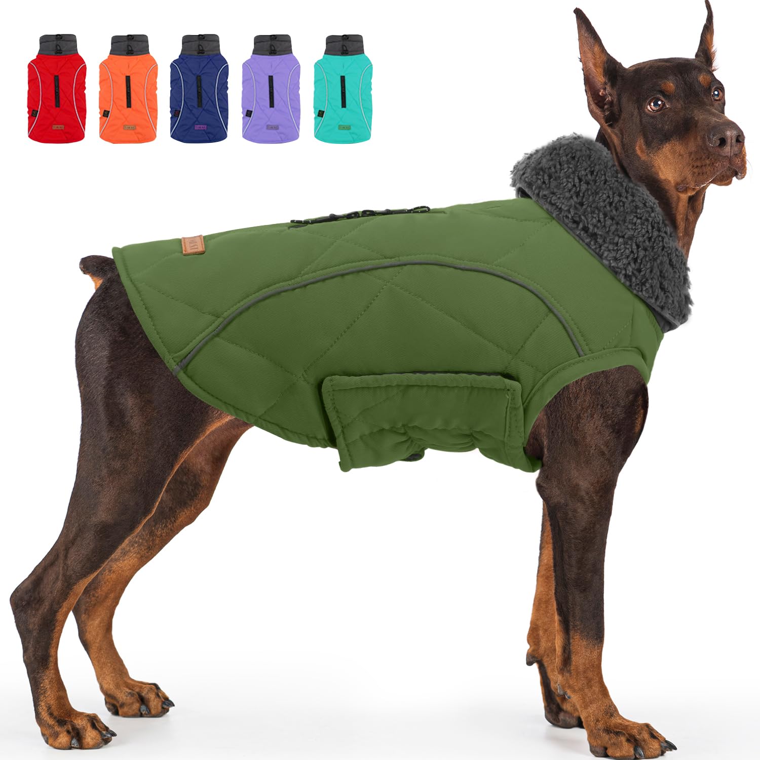 EMUST dog jacket winter green front view highlights fleece warmth for chilly walks.