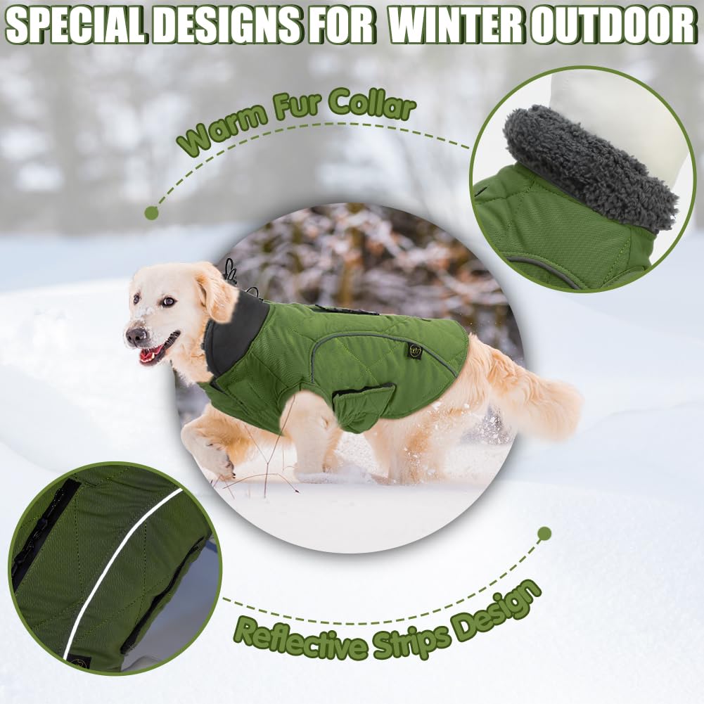 EMUST zip-detail winter jacket green reveals harness compatibility for safe walks.