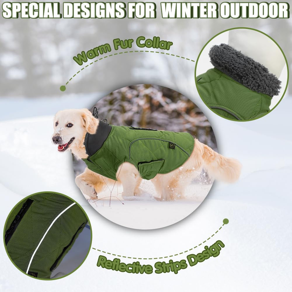EMUST zip-detail winter jacket green reveals harness compatibility for safe walks.