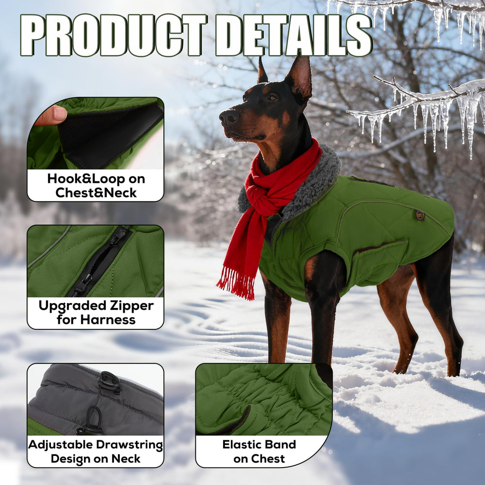 EMUST dog jacket winter harness zipper detail for easy on/off