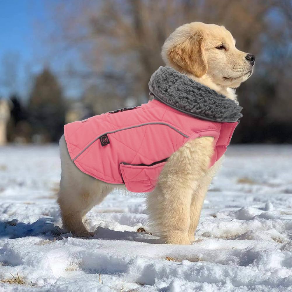 EMUST dog jacket winter pink furry collar detail for extra warmth.
