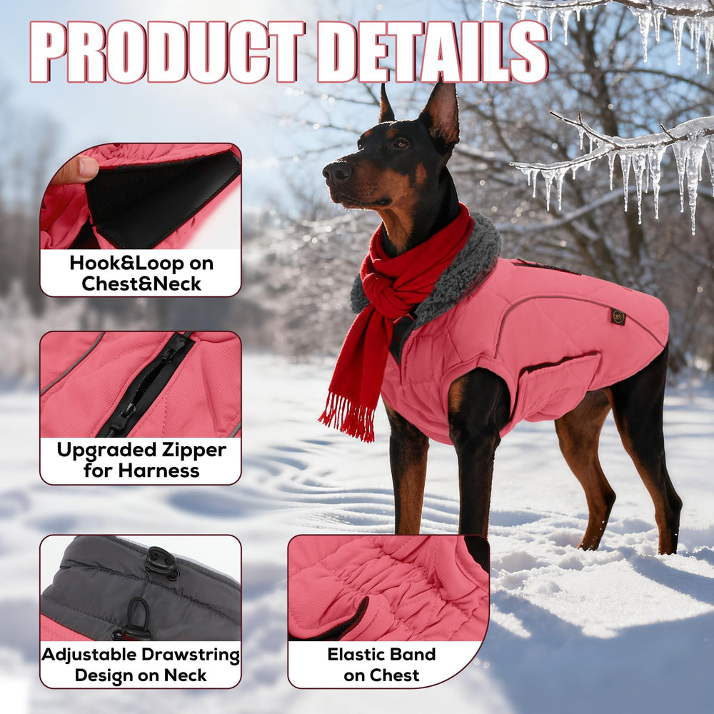 EMUST dog jacket winter pink side view shows snug fit and warmth.