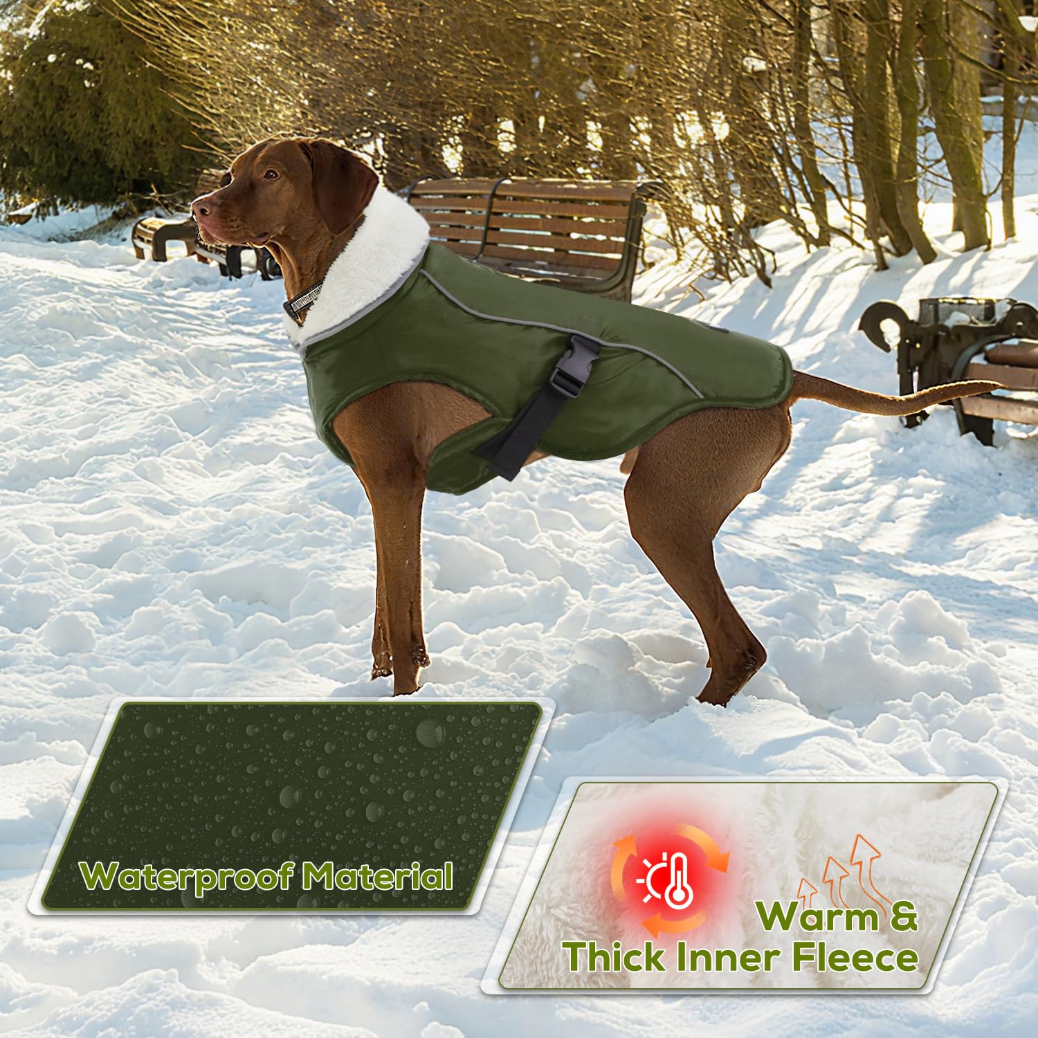 EMUST dog jacket winter highlights reflective brim for safer night outings.