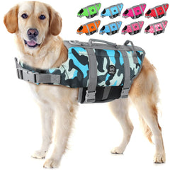 EMUST dog life preserver front view shows high buoyancy for swimming safety