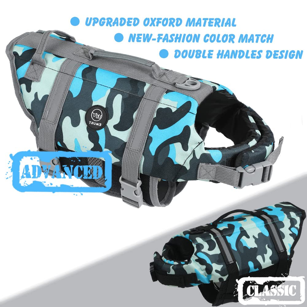 EMUST dog life preserver rescue-handle closeup emphasizes safe water assistance