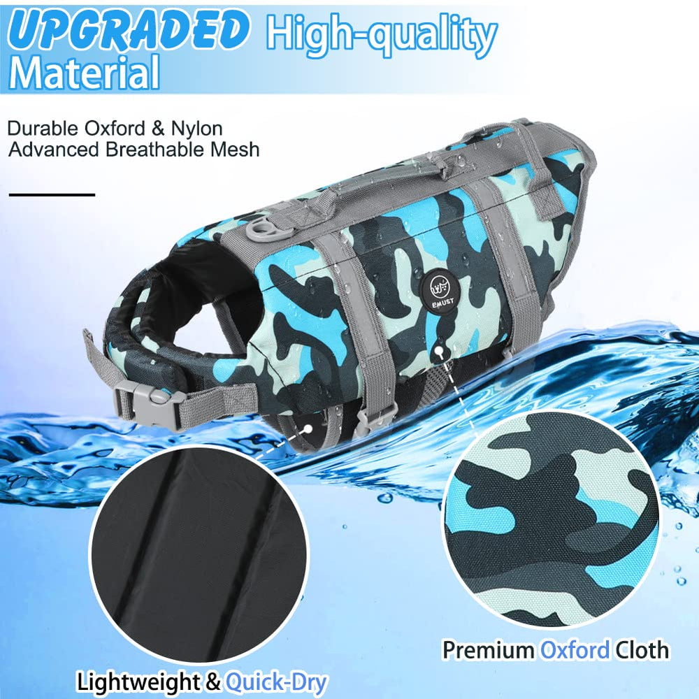 EMUST dog life preserver side view highlights adjustable belt for comfort