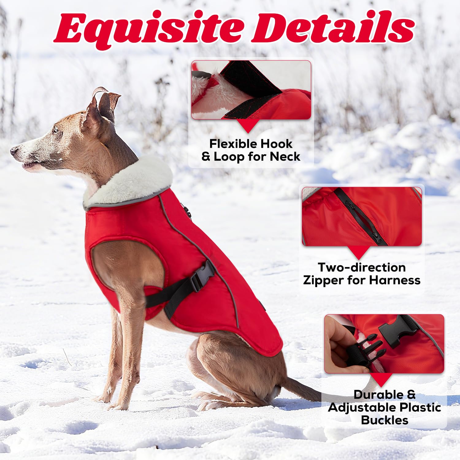 EMUST dog winter coat back view with harness zipper for easy wearing.