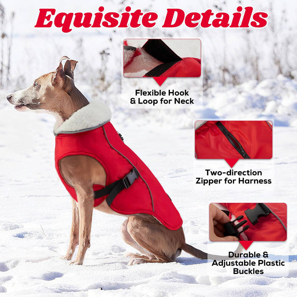 EMUST dog winter coat back view with harness zipper for easy wearing.