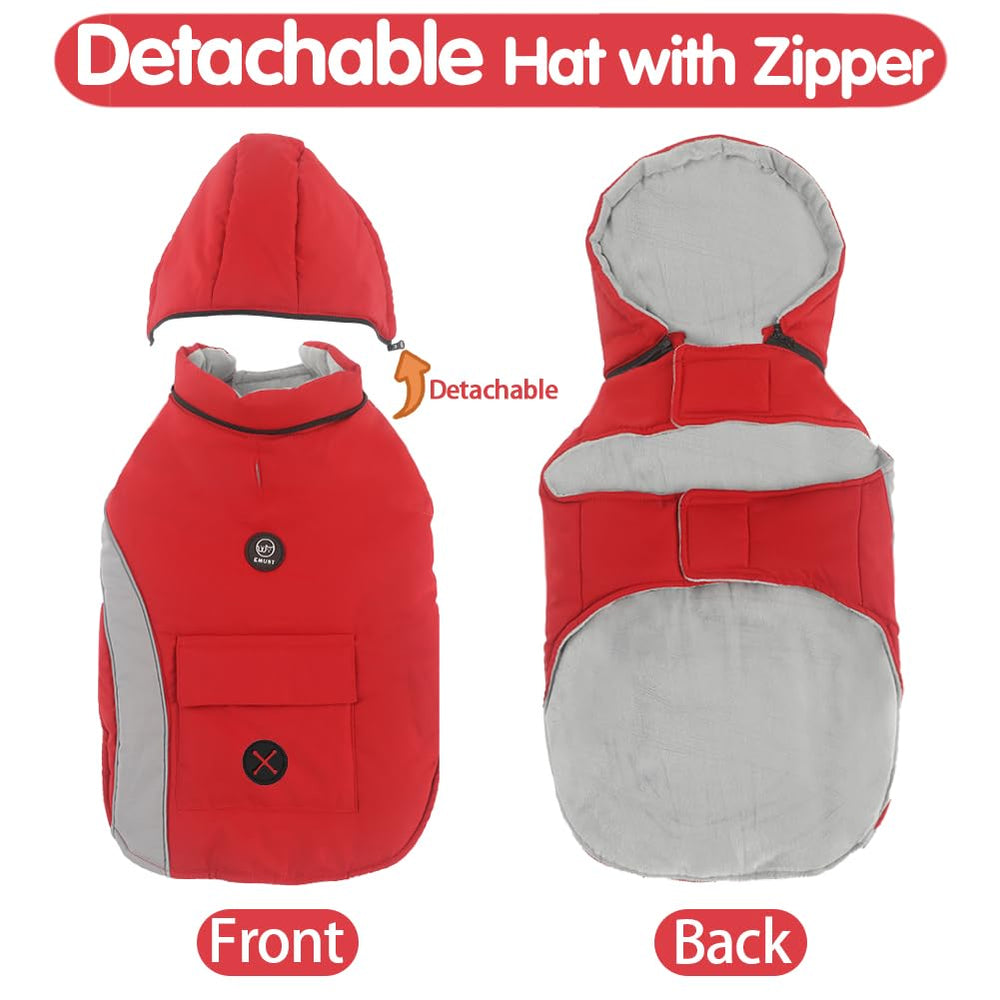 EMUST dog winter coat back pocket detail for snacks and bags