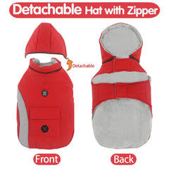 EMUST dog winter coat back pocket detail for snacks and bags