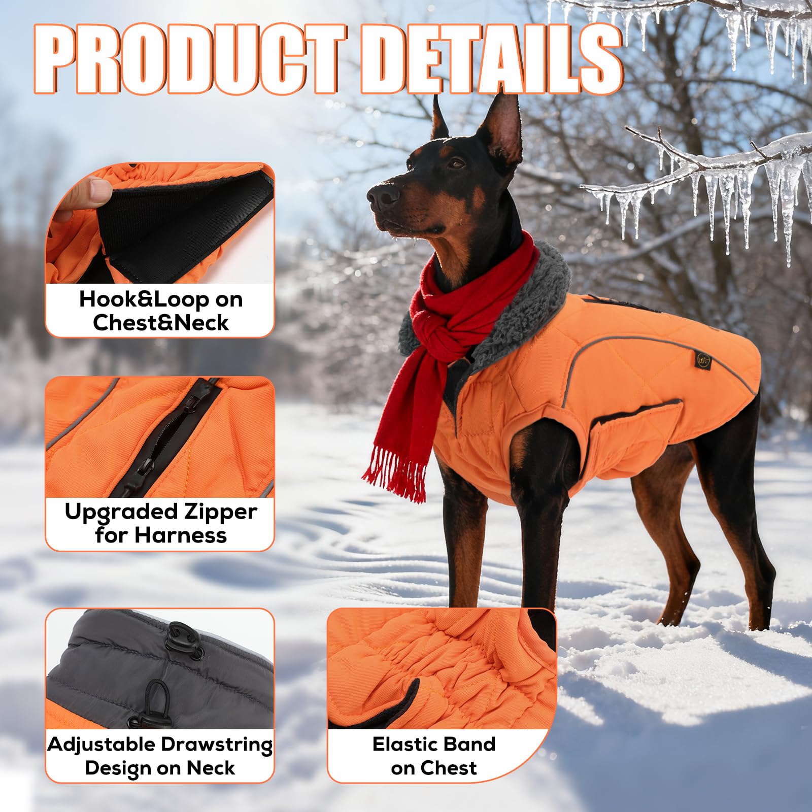 EMUST winter coat dog vest back orange—high visibility for safety during strolls