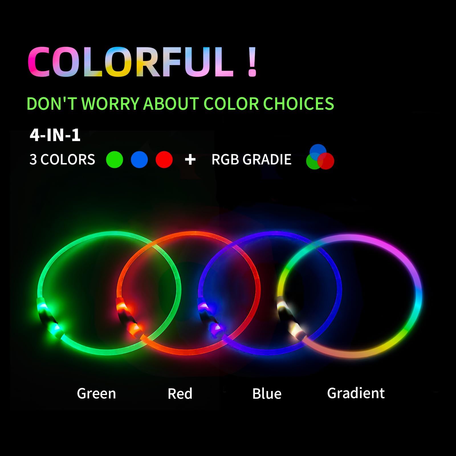 Emwel light-up dog collar RGB modes illustrate colorful patterns for easy recognition