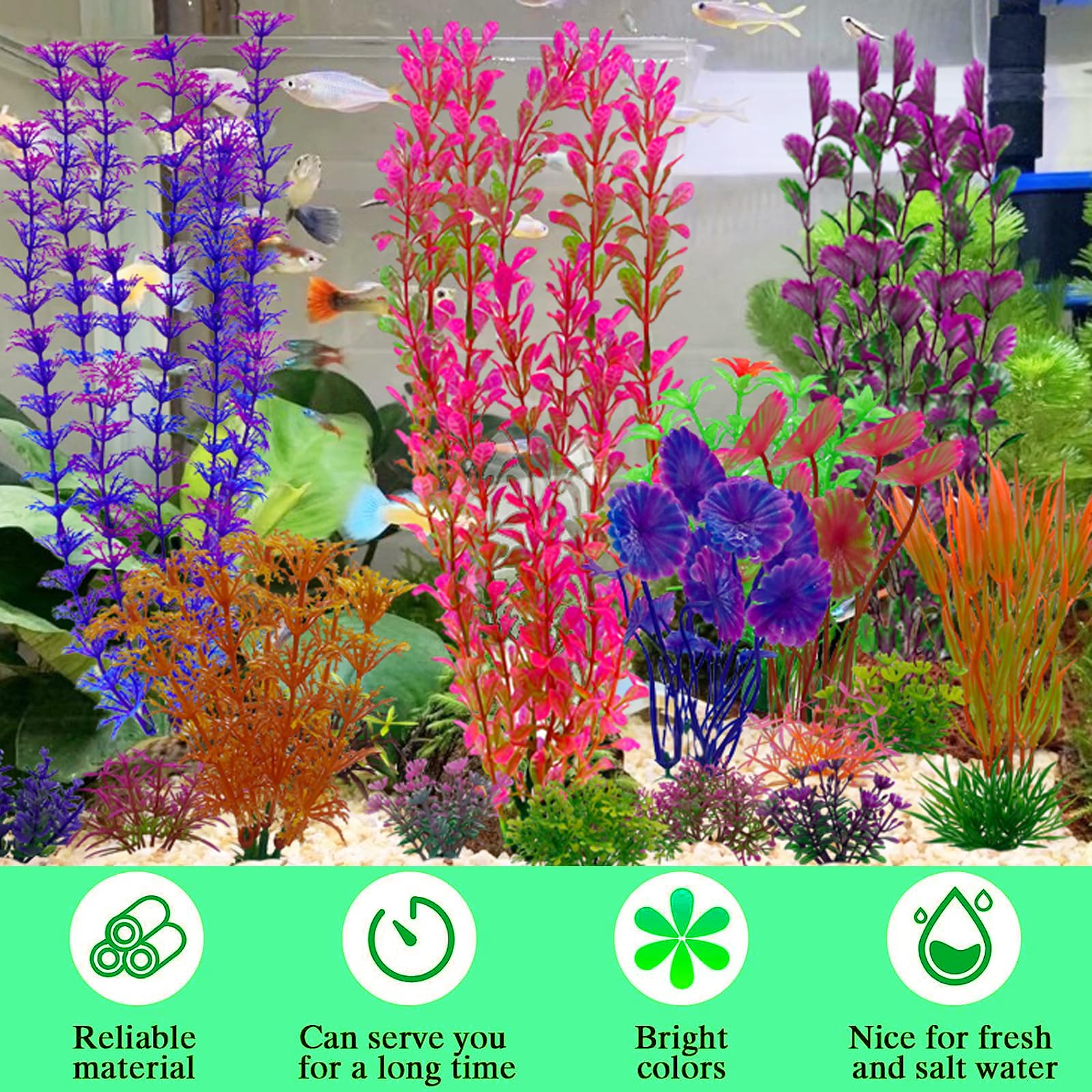EMYSSA colorful artificial aquarium plants closeup show vibrant colors for a lively tank