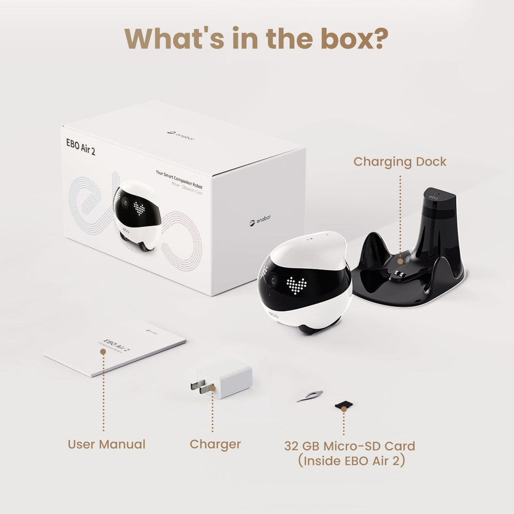 Enabot EBO Air 2 box contents with clear setup guidance