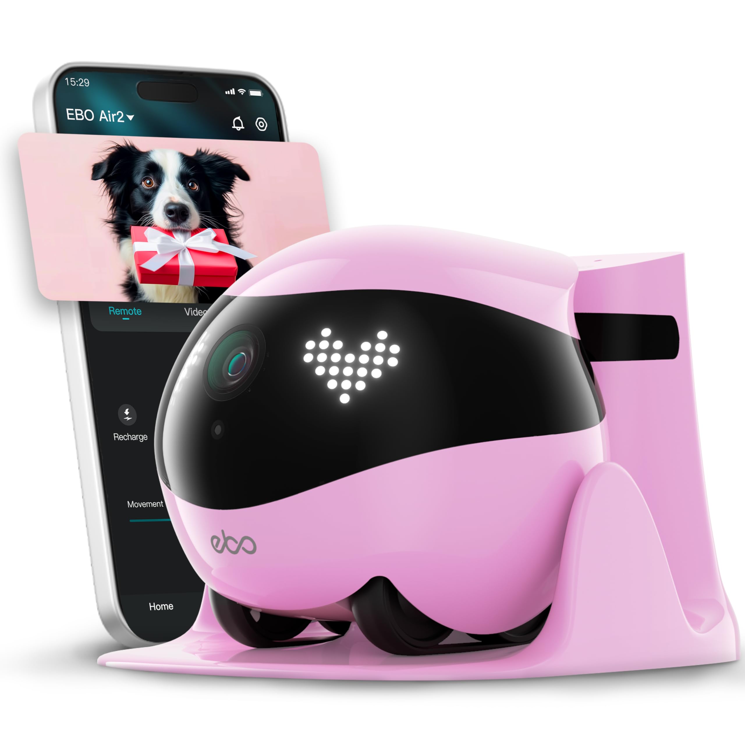 Enabot EBO Air 2 Robin Pink front view shows movable home robot for seamless monitoring.
