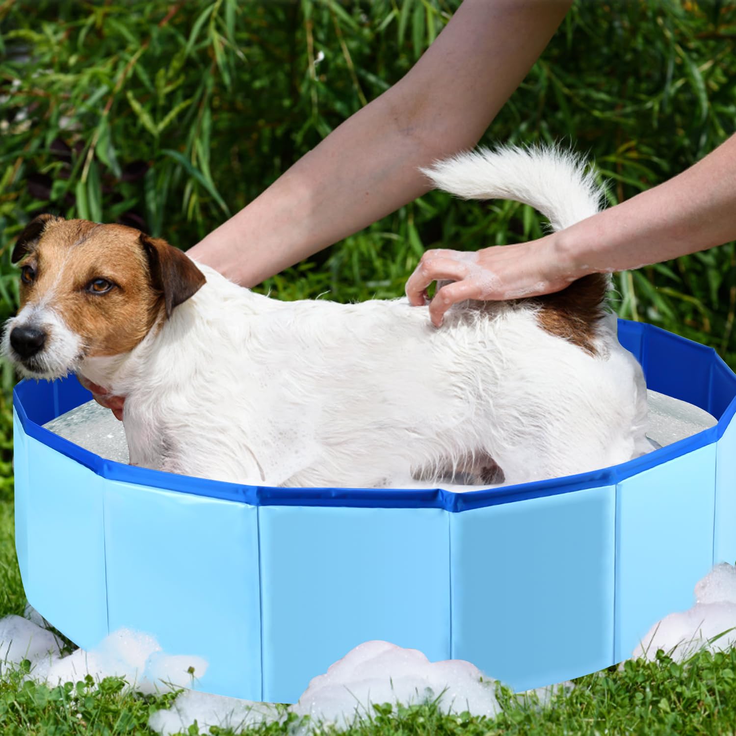 Enenes 24x8 dog pool indoors or outdoors for baths and play.