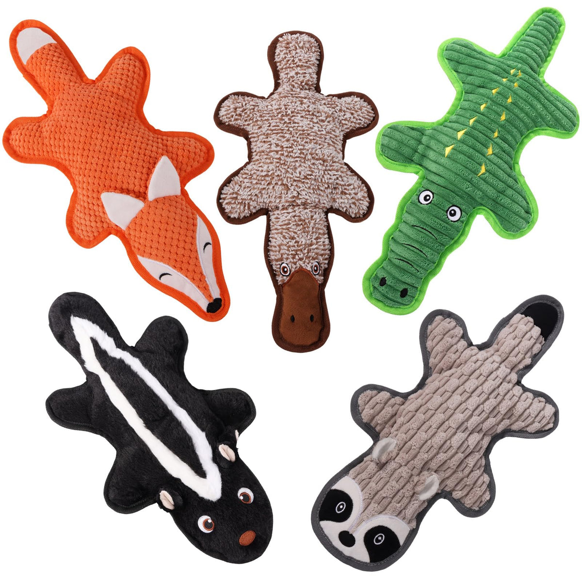 Eneston 5-pack no-stuffing squeaky dog toys platypus for interactive play and exercise.