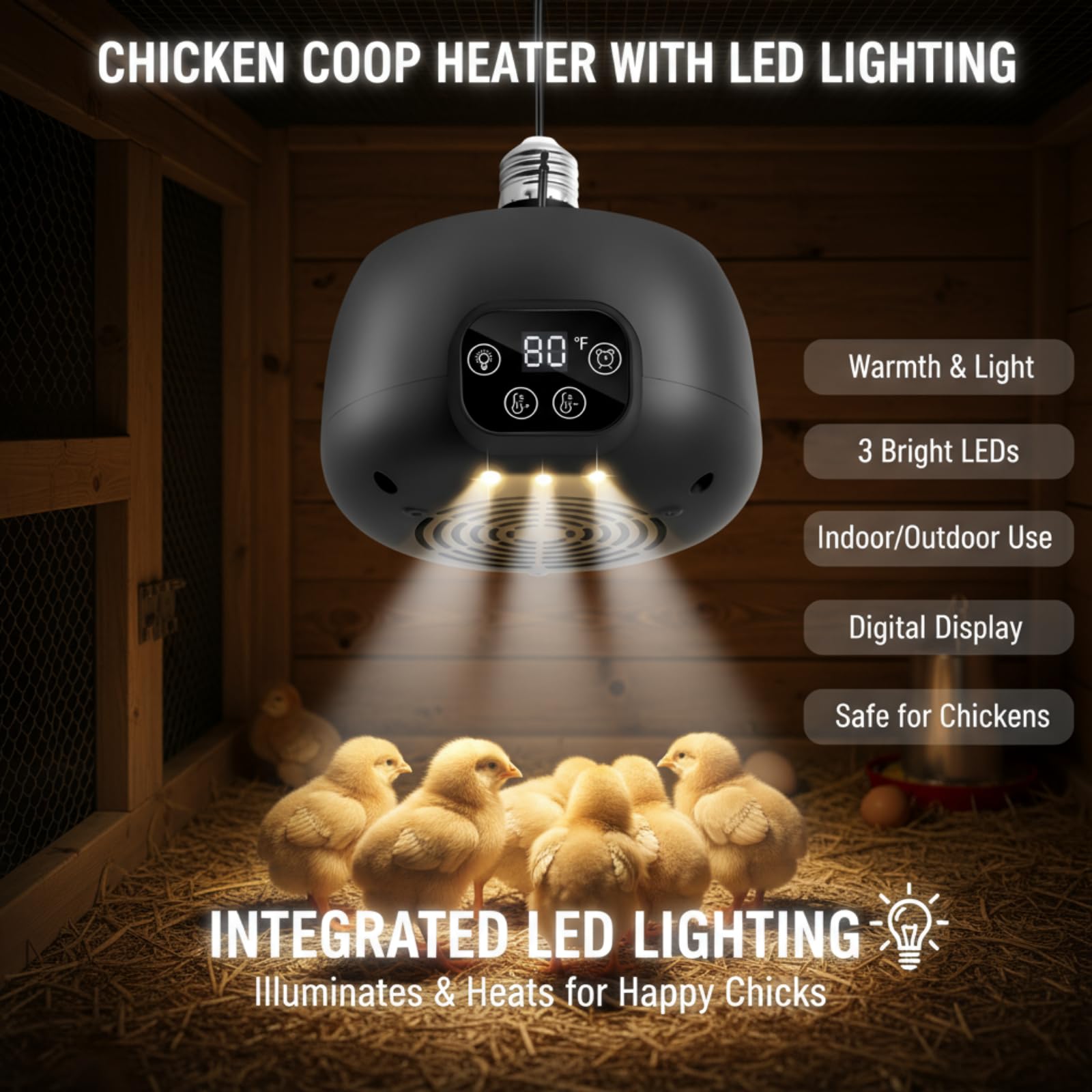 Enhon chicken coop heater wired with a 5-foot cord enables flexible placement.