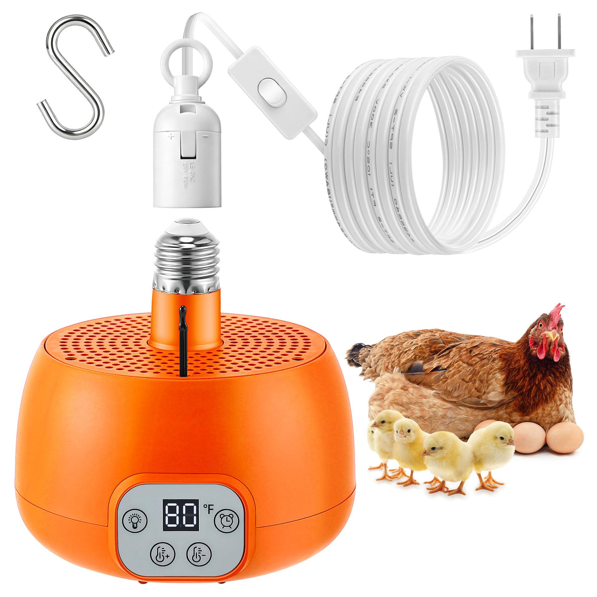Enhon chicken coop heater front view showing compact design for cozy chicks.
