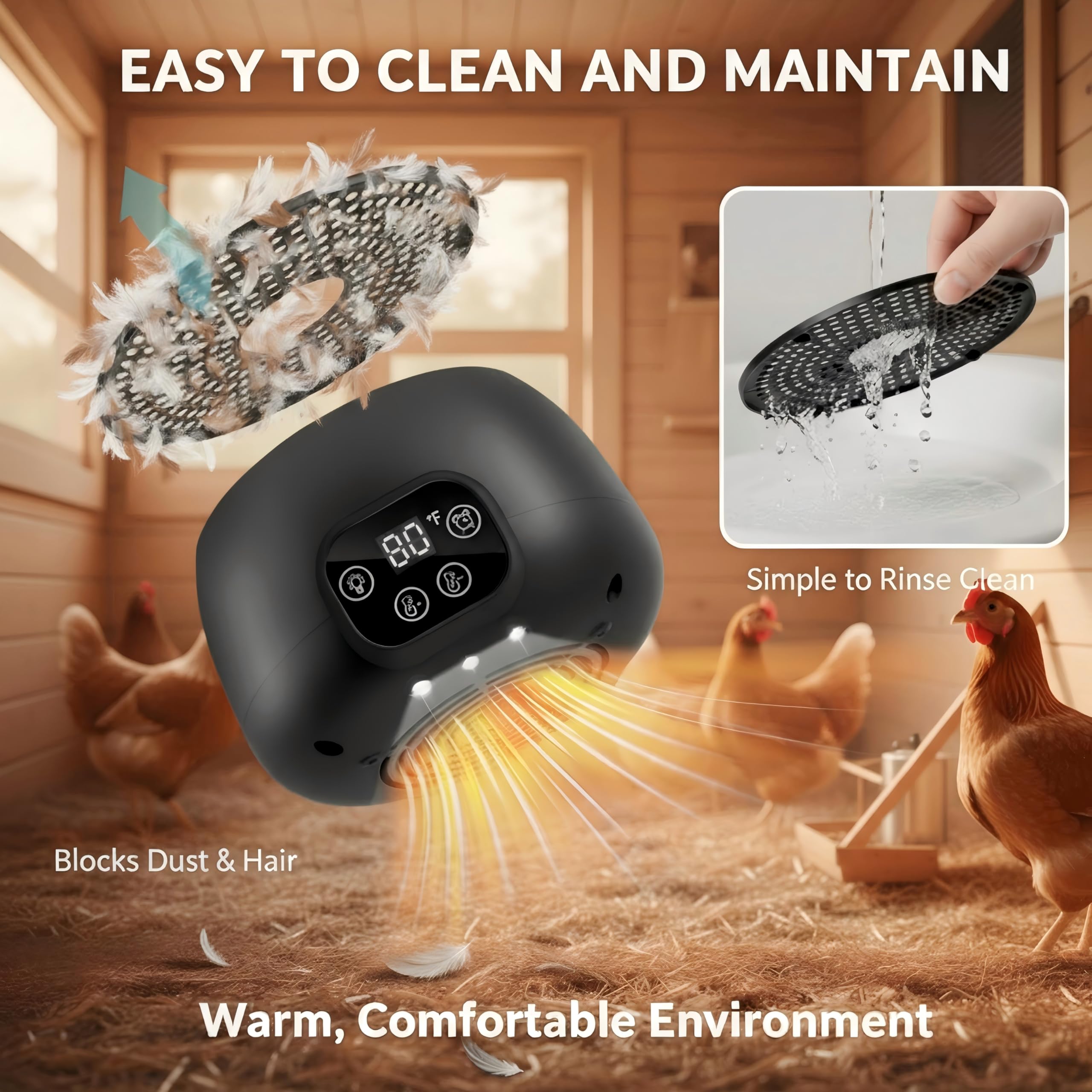 Enhon chicken coop heater in-use inside a coop creating steady warmth.