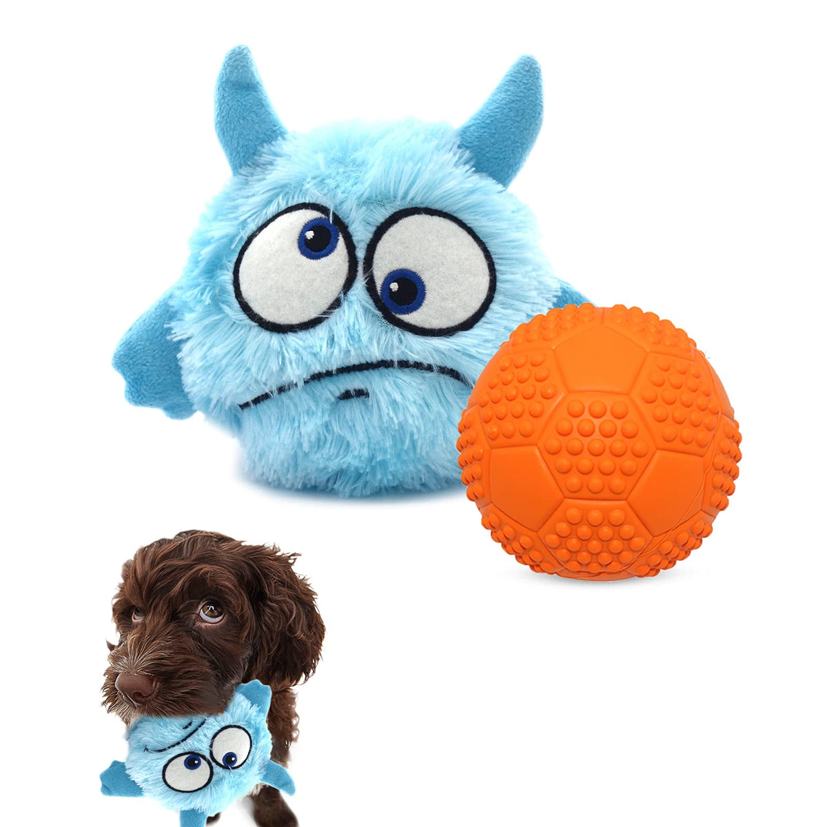 Enjoying dog interactive toys blue monster and squeaky ball close-up for energetic play