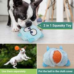 Enjoying blue monster toy and squeaky ball in action promoting exercise and bonding