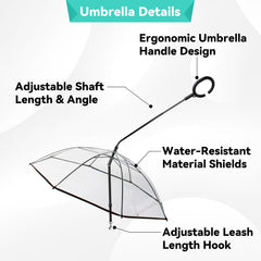 Enjoying dog umbrella adjustable-leash enables flexible hands-free or hands-on use.