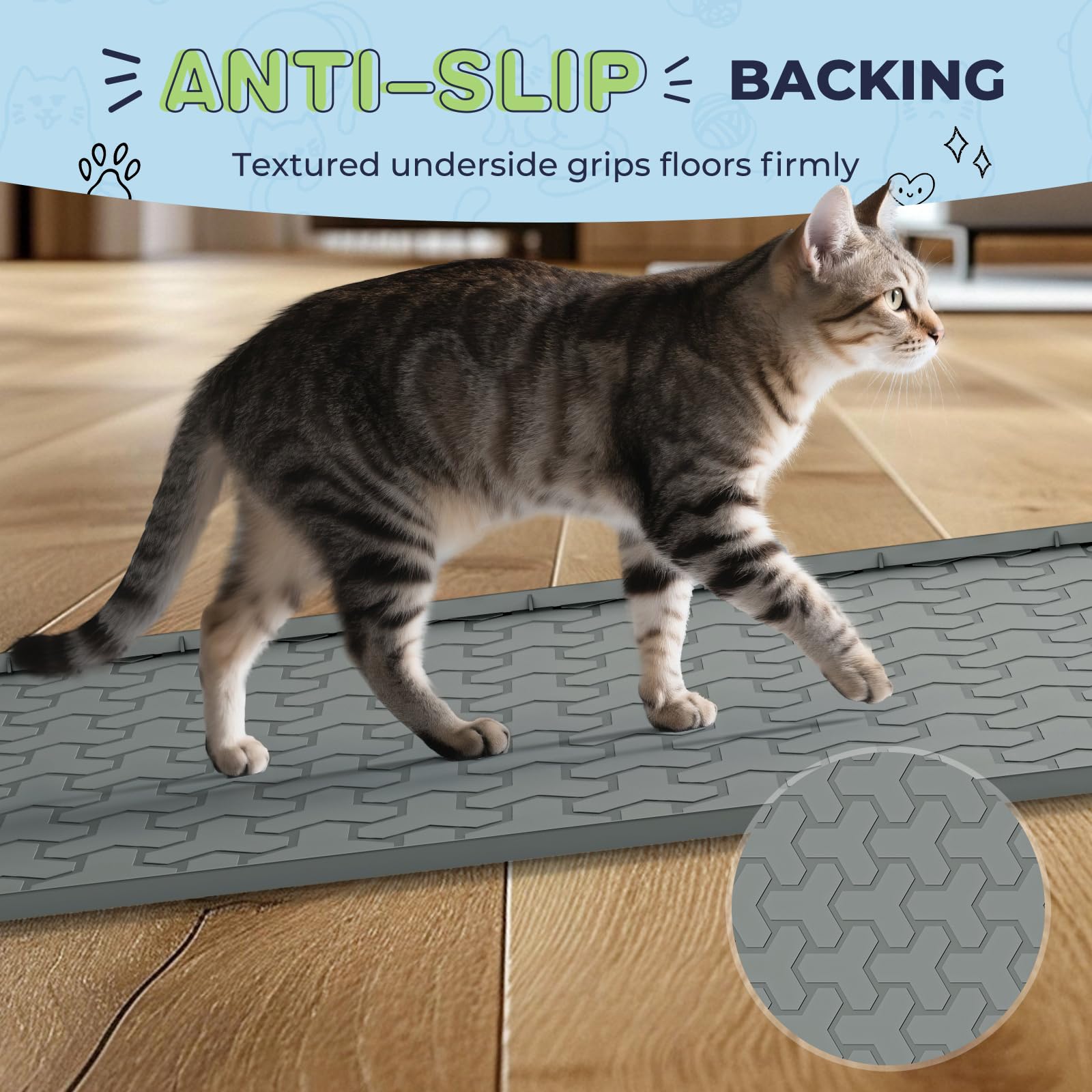 ENNHJD 5-in-1 silicone mat supports litter trapping, feeding, water bowls, and more.