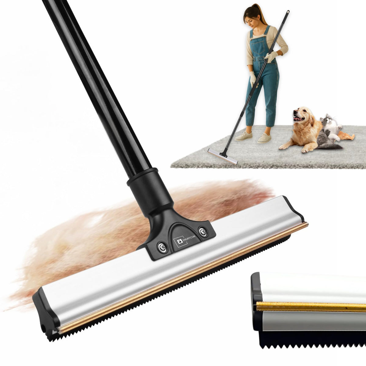ENUKYCOM dual edge rake grooved copper edge lifts embedded pet hair from carpet